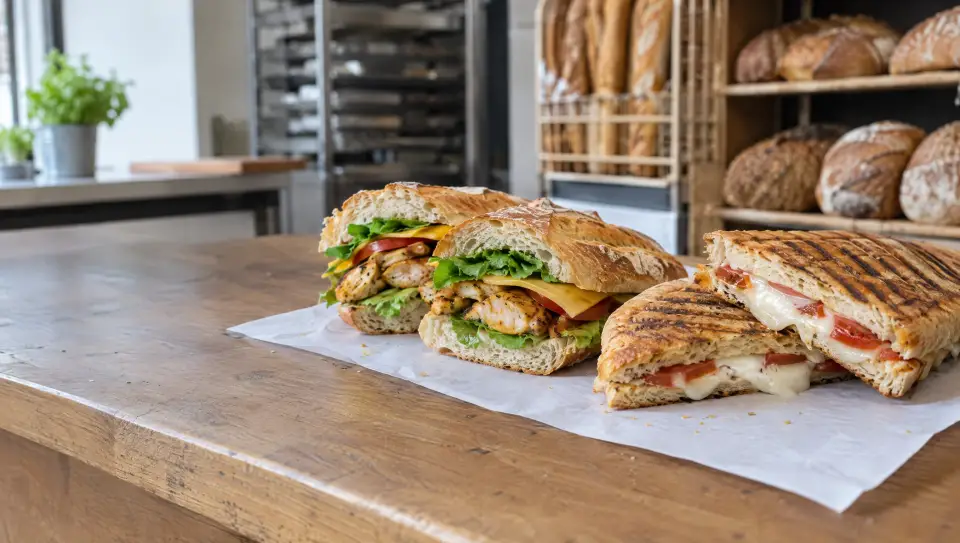 Des sandwichs au poulet grillé coupés en deux et un panini tomate mozzarella